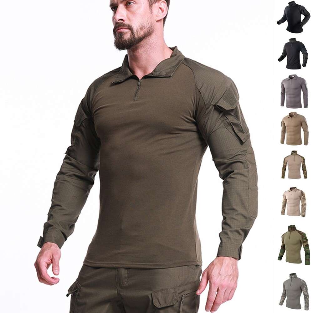 Airsoft Mens Tactical Shirt Long Sleeve T-Shirt Military Hunting Camo Army Shirt