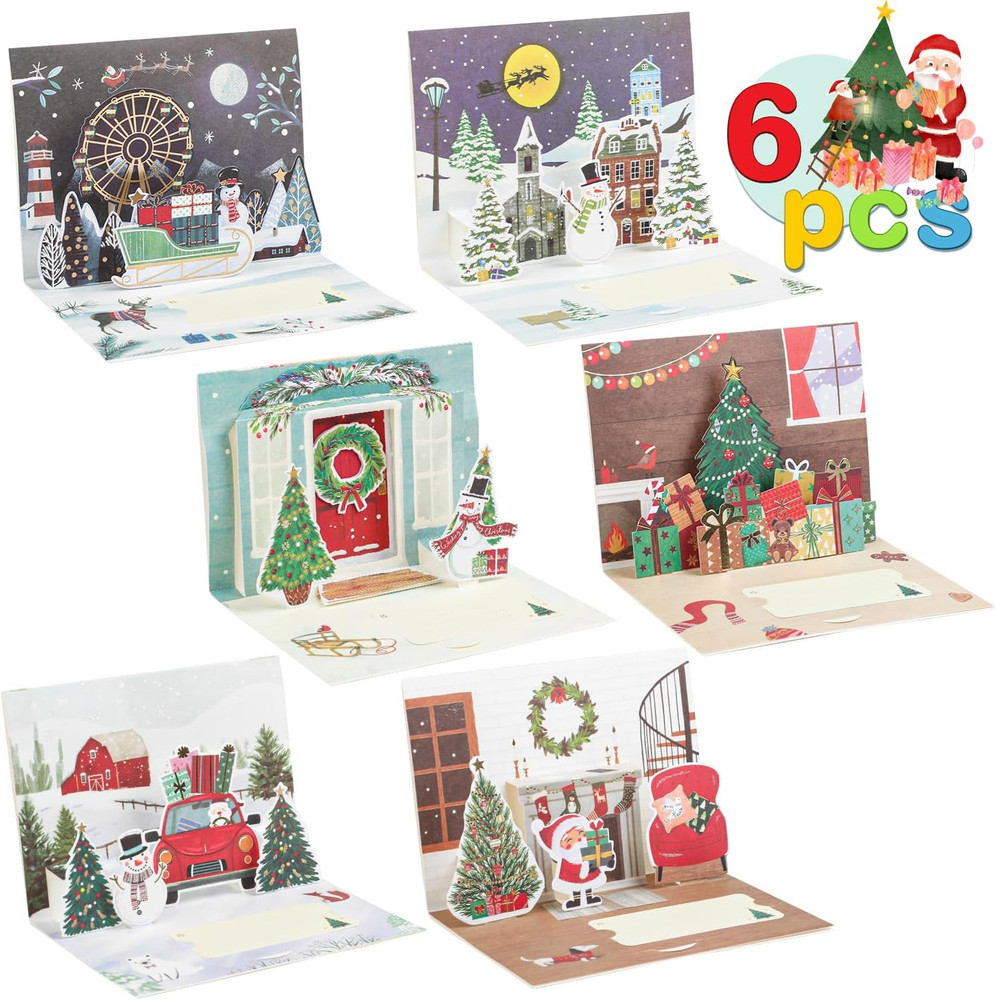 6 Pack Greeting Handmade Holiday 3D Pop up Christmas Cards Set