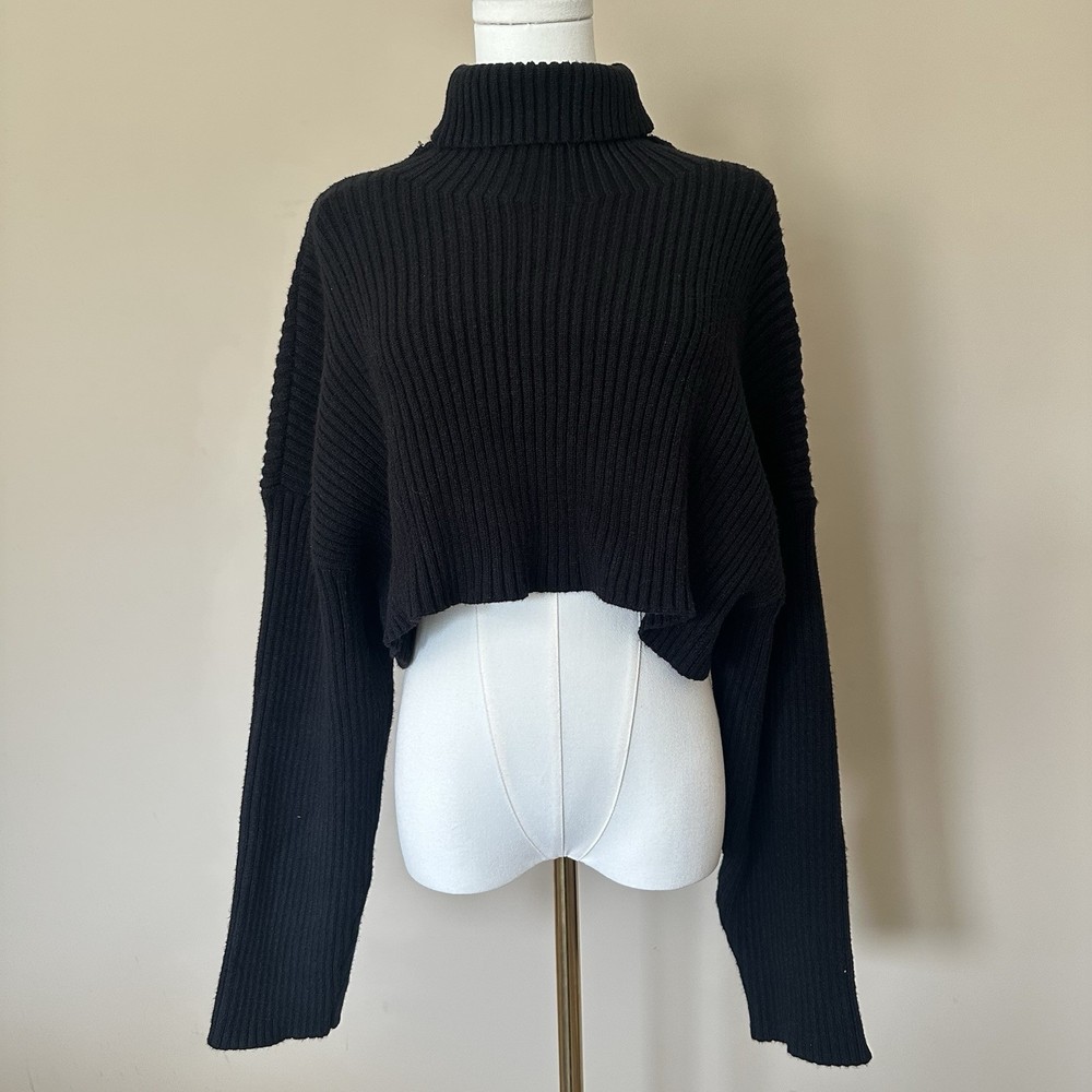 Zara Cropped Black Turtleneck Ribbed Women M Black Long Sleeve Sweater Oversized