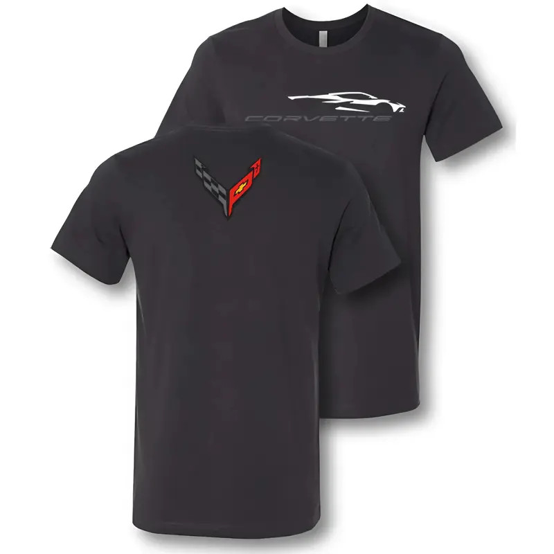 Corvette C8 T-Shirt, sleek silhouette front graphic with racing flag emblem back