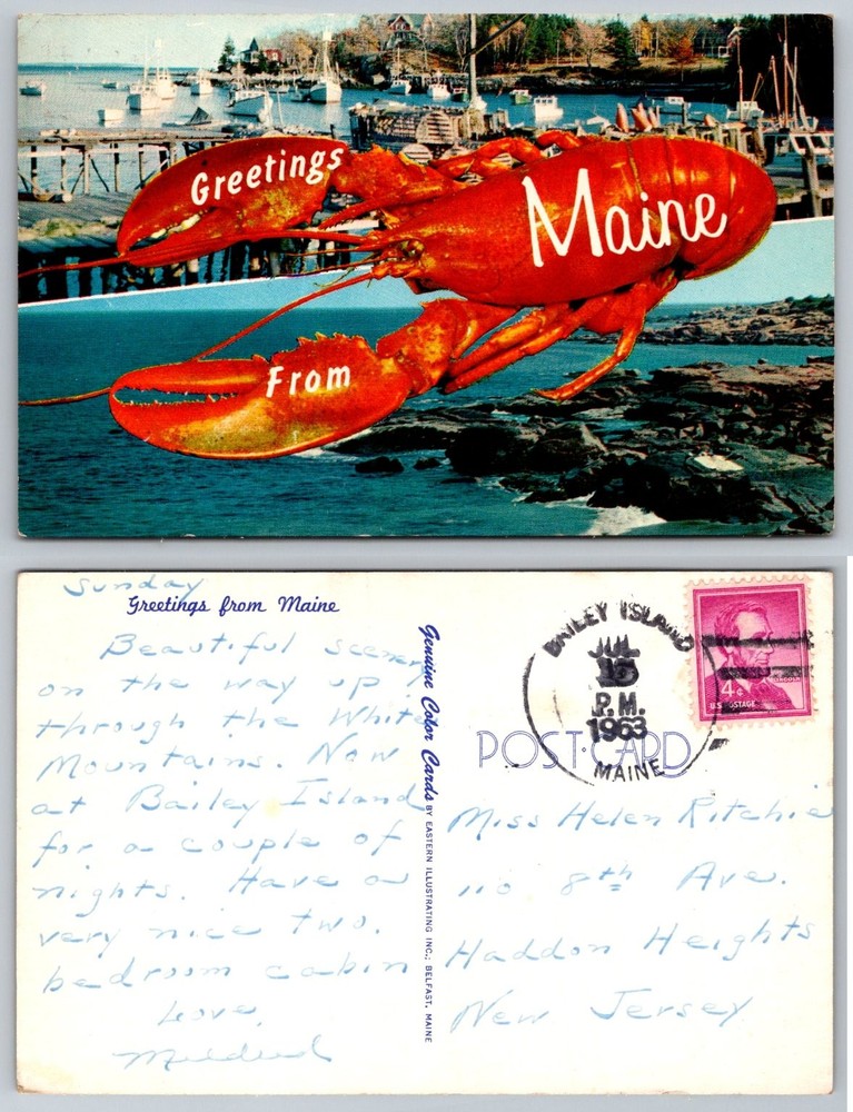 Vintage 1963 Bailey Island Maine Lobster Harbor Greetings Postcard Posted
