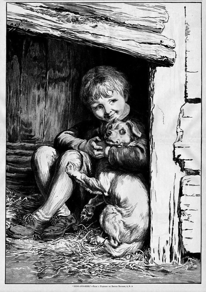 YOUNG BOY AND HIS DOG PLAYING HIDE-AND-SEEK, ANTIQUE