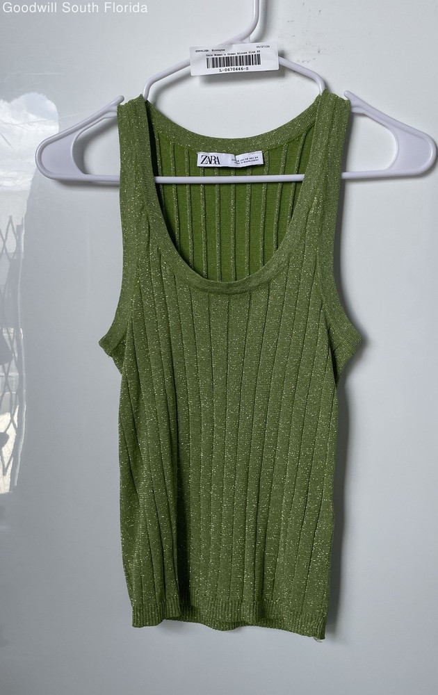 Zara Womens Green Ribbed Knit Scoop Neck Sleeveless Pullover Tank Top Size XS