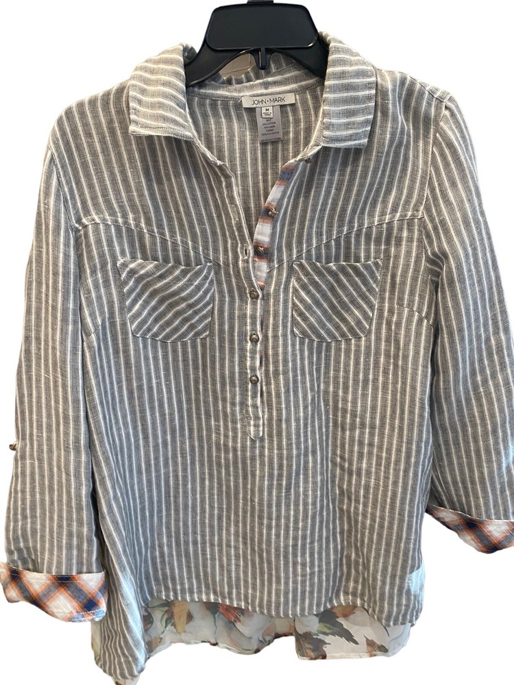 John Mark Linen BlendMixed Floral Patterns Button Front Tunic Top M