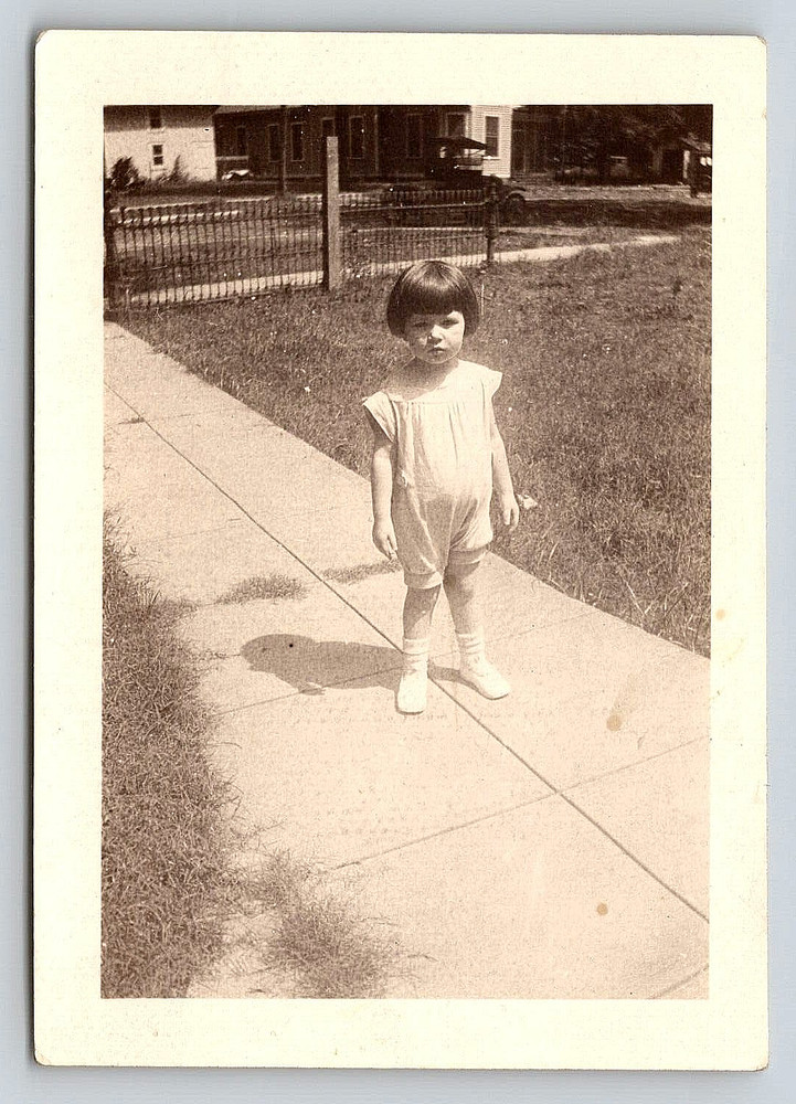 Vintage Photo Old Antique Image Cute Smiling Little Girl Car Home Sidewalk Fence