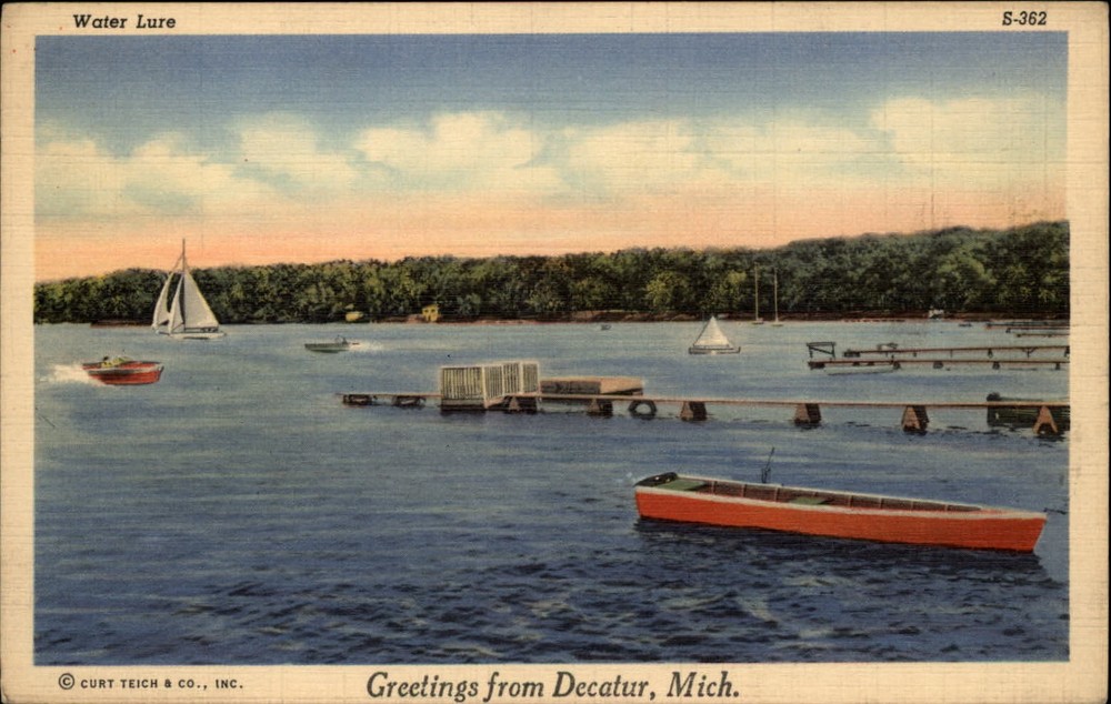 Michigan Decatur Greetings from lake boats pier ~ 1930s linen postcard sku509