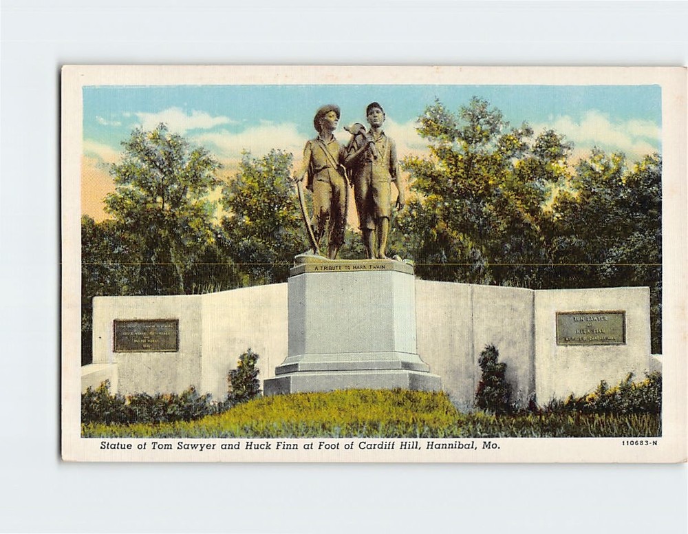 Postcard Statue of Tom Sawyer & Huck Finn Foot of Cardiff Hill Hannibal Missouri
