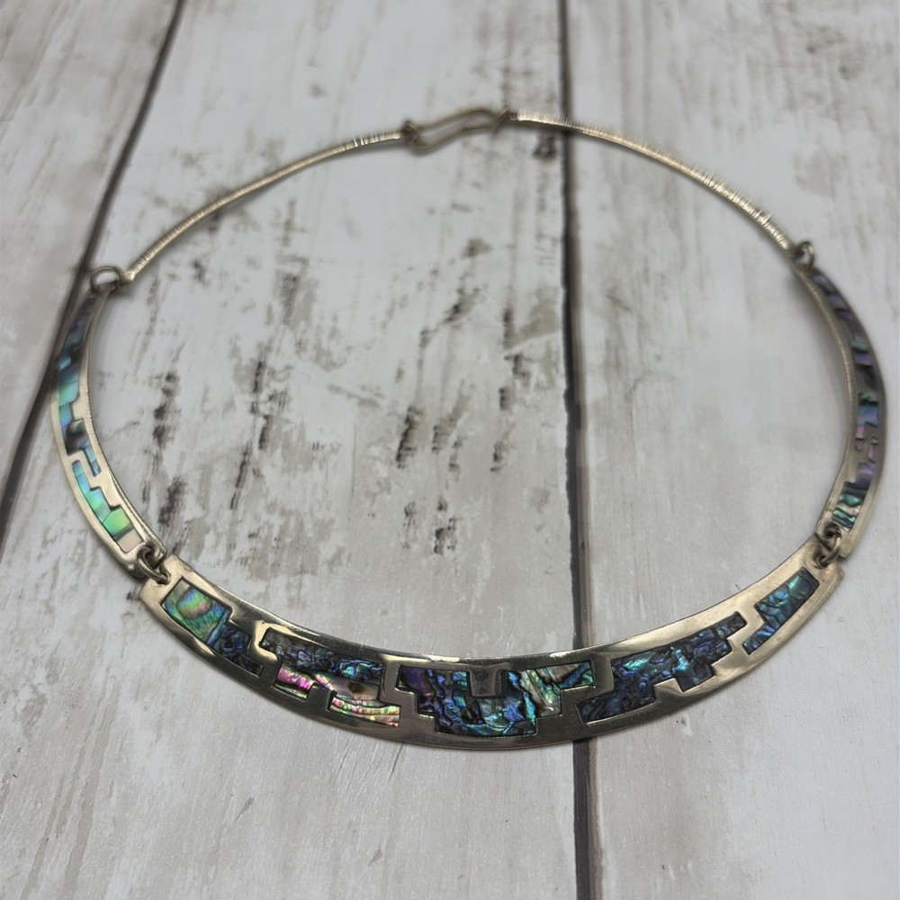Vtg Alpaca Mexico Abalone Shell Inlay Bib Collar Statement Necklace Choker