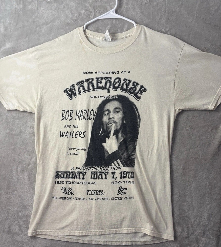 Bob Marley & Wailers Y2K Concert Graphic T Shirt Large Cream Reggae Music Stains