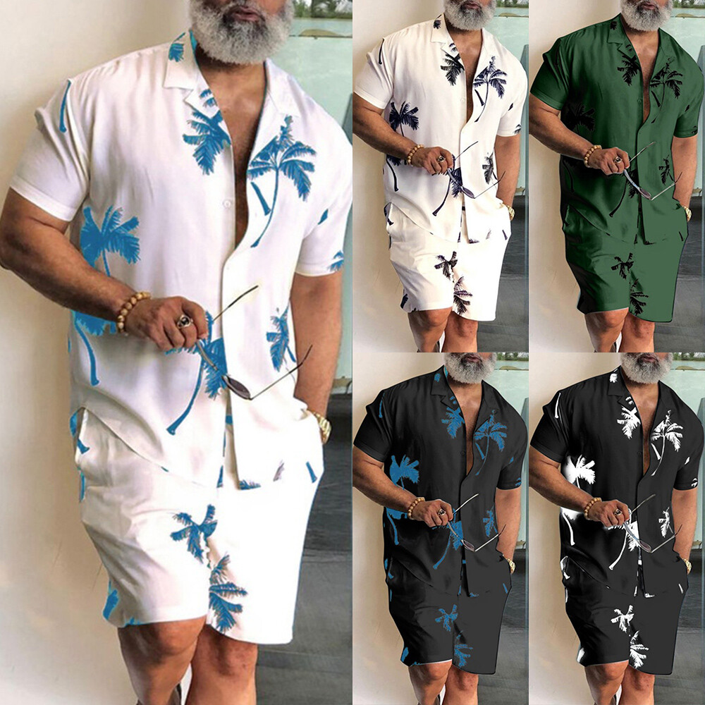 Men 2PCS Set Printed Shirt Short Set Beachwear Outfits Leisure Suit Casual Loose