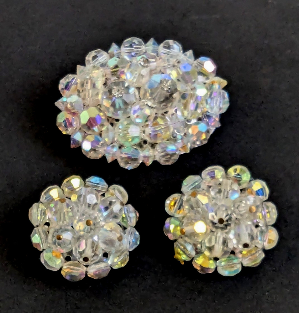 Vintage 1950's AB Crystal Bead Cluster Brooch & Clip Earrings Hand Wired Set