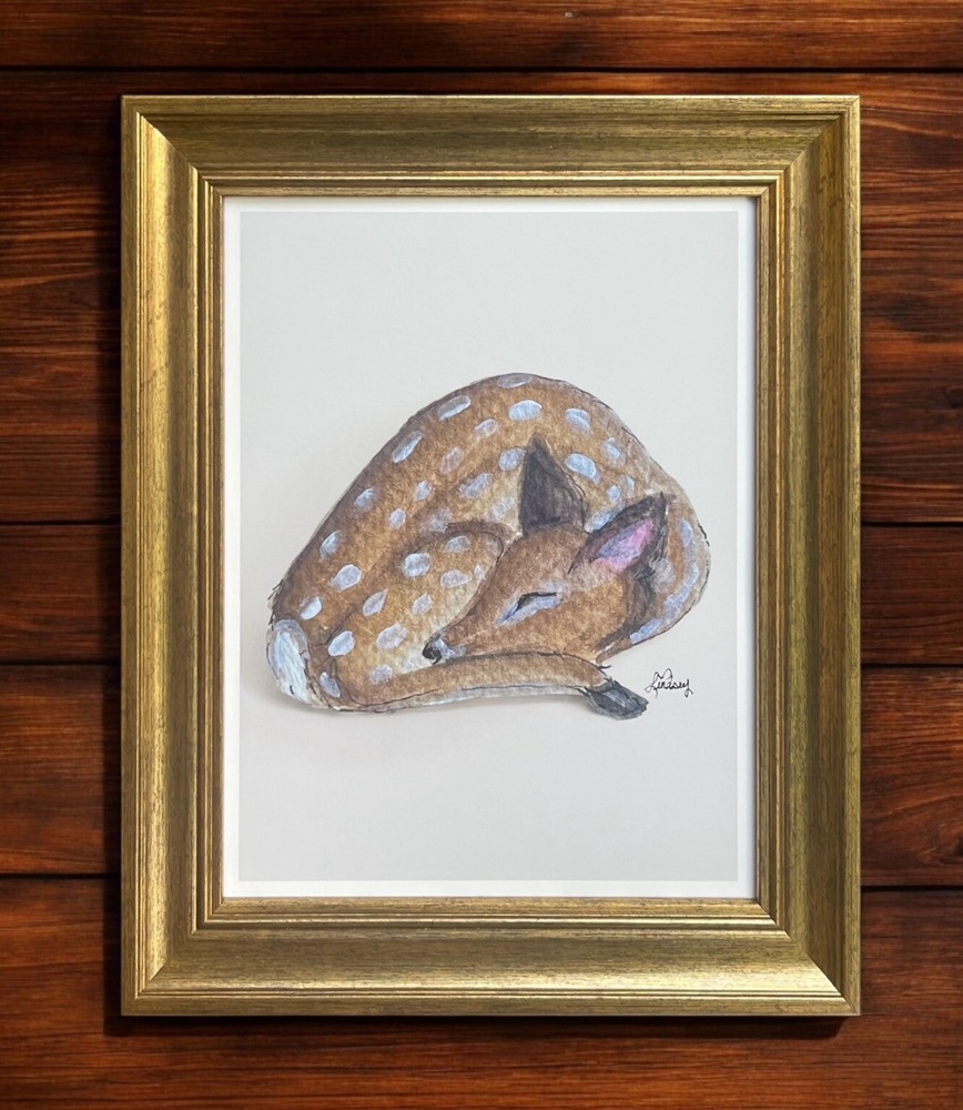 Sleeping Deer watercolor print of a painting framed, has a stand & hinge