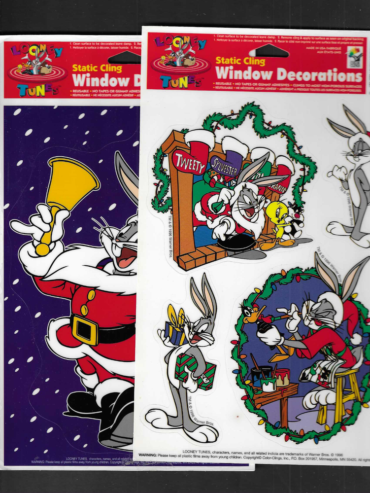 vtg 2 Looney Tunes 1996 Static Cling Window Decorations CHRISTMAS BUGS BUNNY
