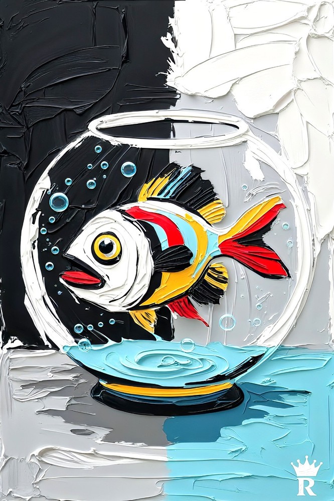 Fish in a fishbowl Plaster Colorful Drawing Art Re Print on Stretched Canvas 3D