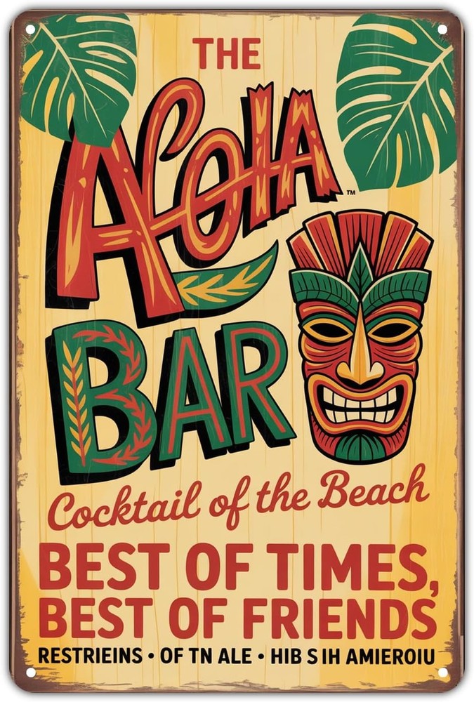 Aloha Tiki Bar Vintage Hawaiian Metal Wall Sign for Home Decor 8 x 12 inch