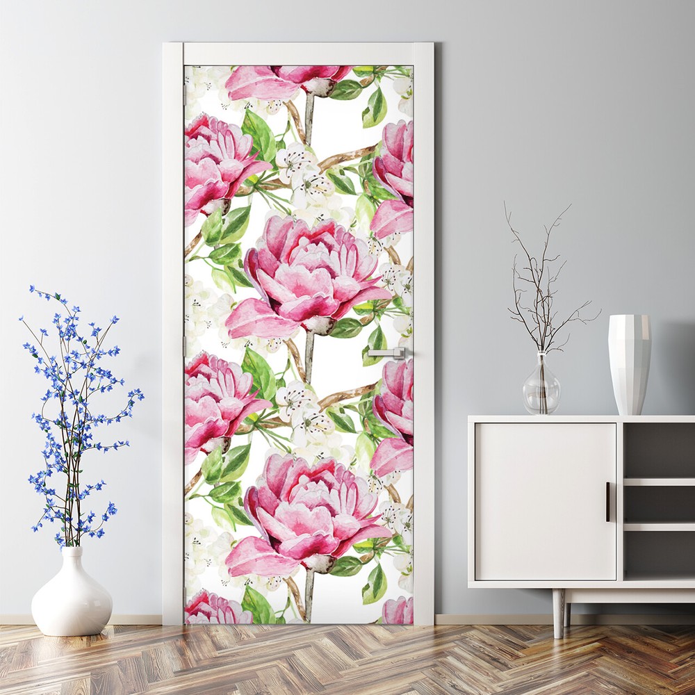 Bubble Free Door sticker Pink Watercolour peonies Beautiful Colourful flowers