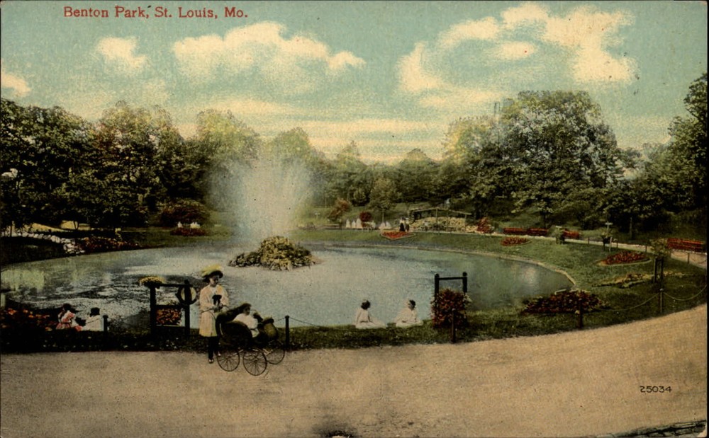 Benton Park ~ St Louis Missouri fountain ~ c1910 Edwardian girl baby carriage