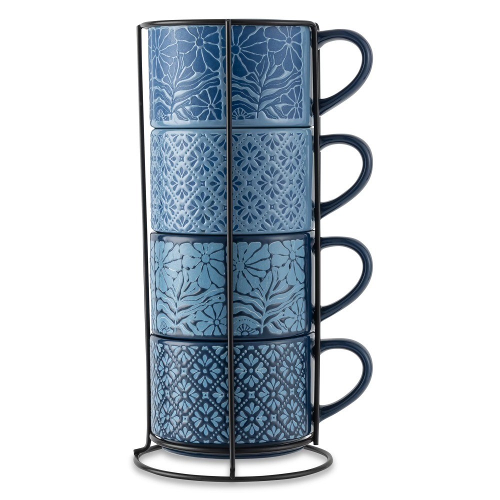 Stoneware Stacking Mugs Set of 4 with Blue Floral and Shape Designs Includes