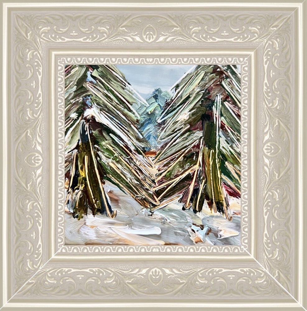 Framed Snowy Pine Trees Oil Painting Original Abstract Winter Landscape Artwork