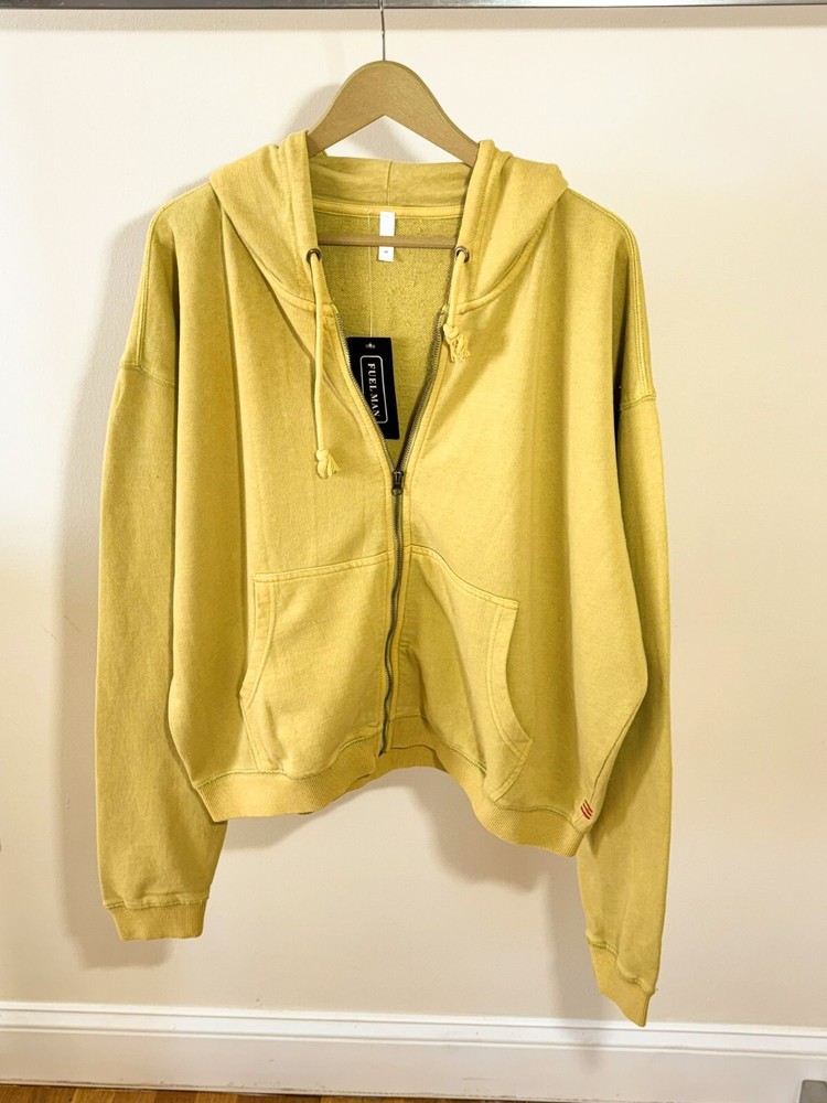 Acid Washed Oversized Hoodie Zip Up - YELLOW-image