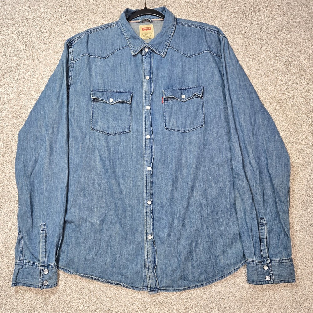 Levi’s Men's 2XL Pearl Snap Blue Denim Chambray Western Shirt Long Sleeve