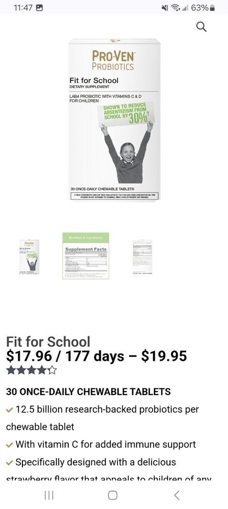 Pro-Ven Probiotics Fit For School Dietary Supplement- 30ct Chewable EXP 04/25