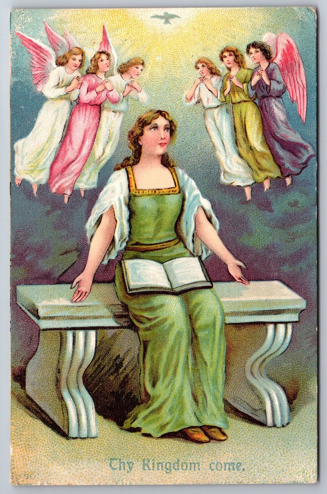 Lords Prayer Thy Kigdom Come Bible Open Angels Illustrated Postcard Y11