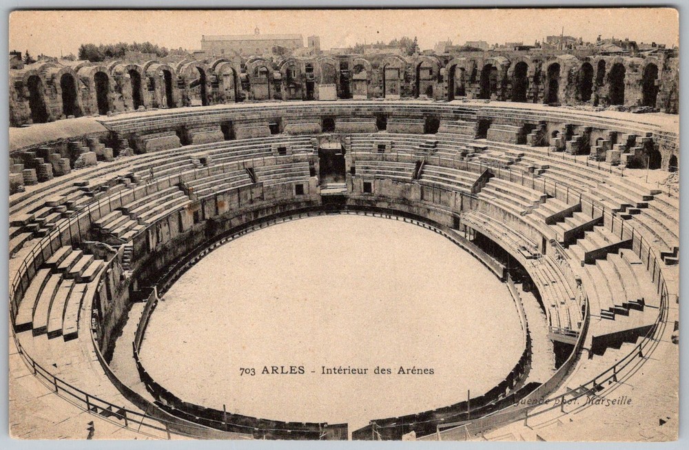 Antique Postcard Roman Amphitheatre Interior Arles, Fr 1910s