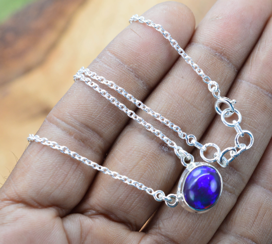 Black Ethiopian Opal 925 Sterling Silver Natural Gemstone Jewelry Chain Necklace