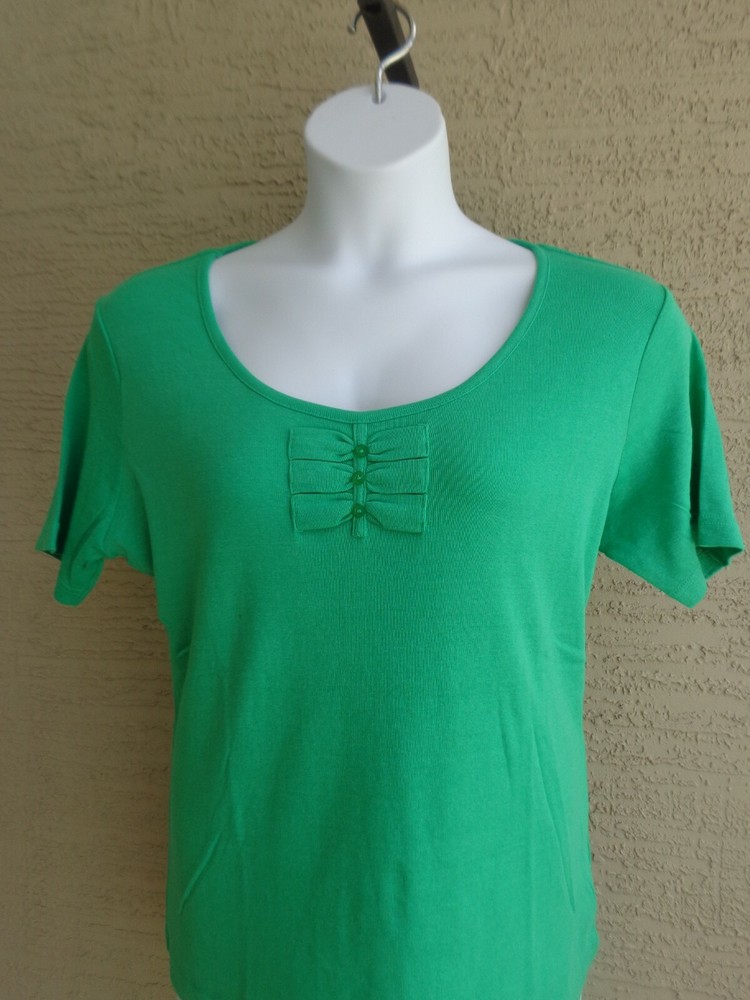 Being Casual XL Ribbed Cotton Blend Knit S/S Embellished Scoop Neck Top K Green