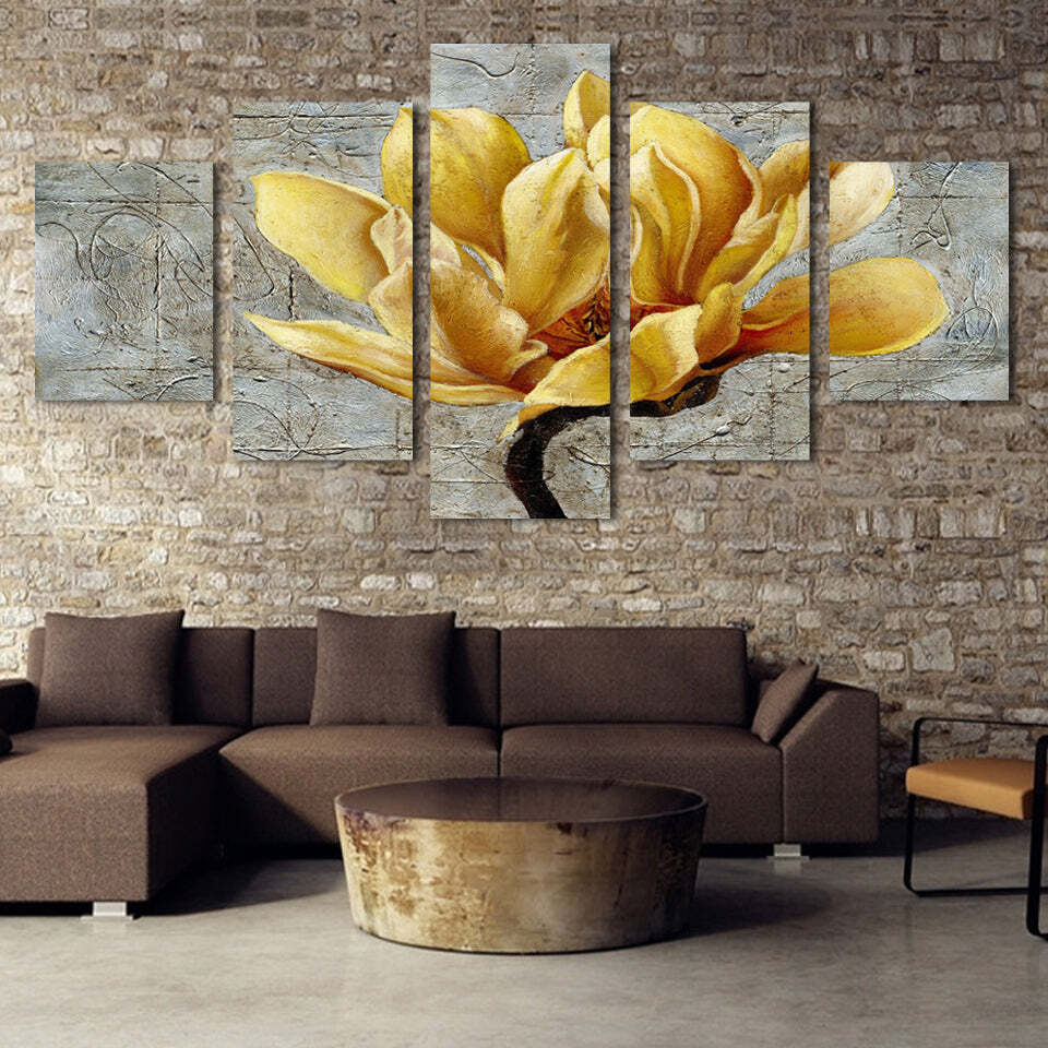Beautiful Gold Orchid Flower Painting Framed 5 Piece Canvas Wall Art