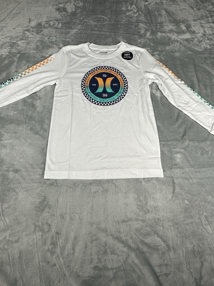 Hurley Boys Long Sleeve Shirt Size Small White Logo Front Sleeve Design New