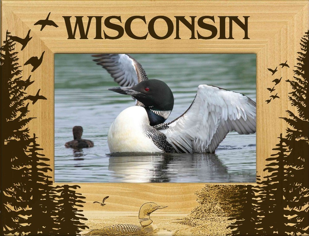 Wisconsin with Loon Laser Engraved Wood Picture Frame Landscape (4 x 6)