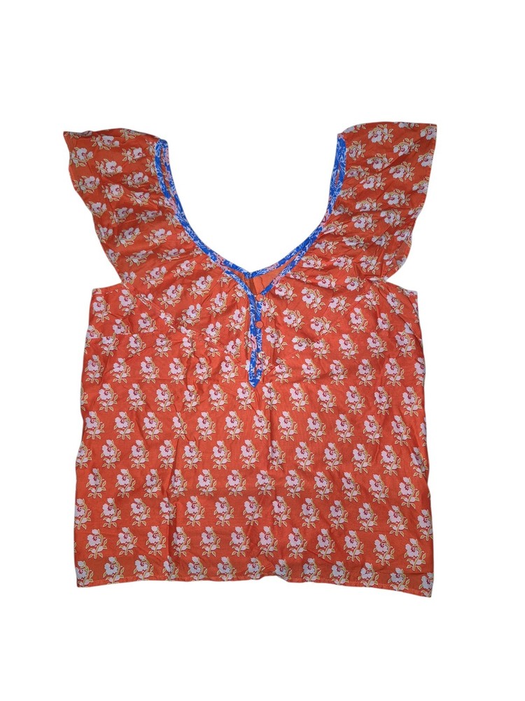 J. Crew Orange Floral Blouse with Ruffle Sleeves Women's Size Small.