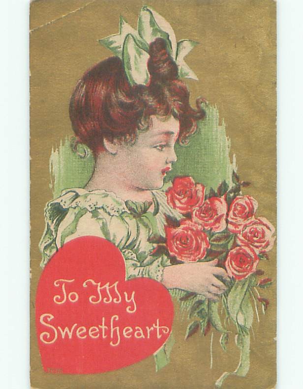 Pre-Linen valentine PRETTY GIRL HOLDING PINK ROSE FLOWERS : make an offer k5901