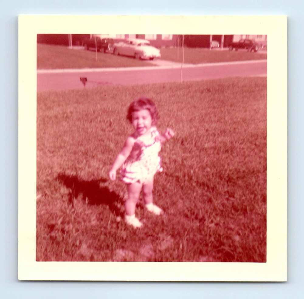 Old Vintage Square Color Photo SOLO SMILING GIRL IN YARD SNAPSHOT PHOTOGRAPH