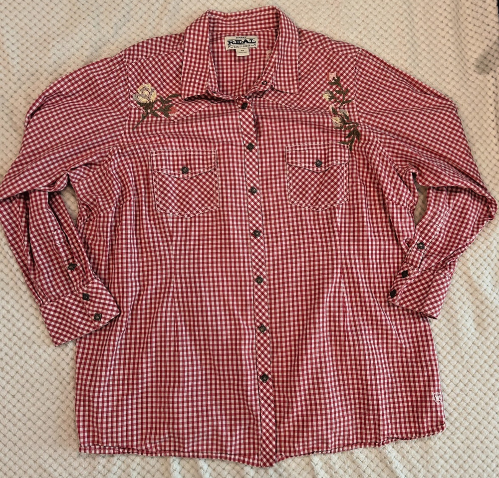 Ariat Real Western Red Plaid Embroidered Snap Shirt Floral Cowgirl Rodeo Sz 3X