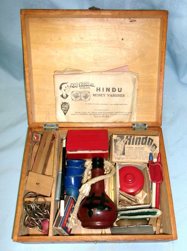 ****Vintage Assortment Of Magic Tricks In Wooden Box W/ 