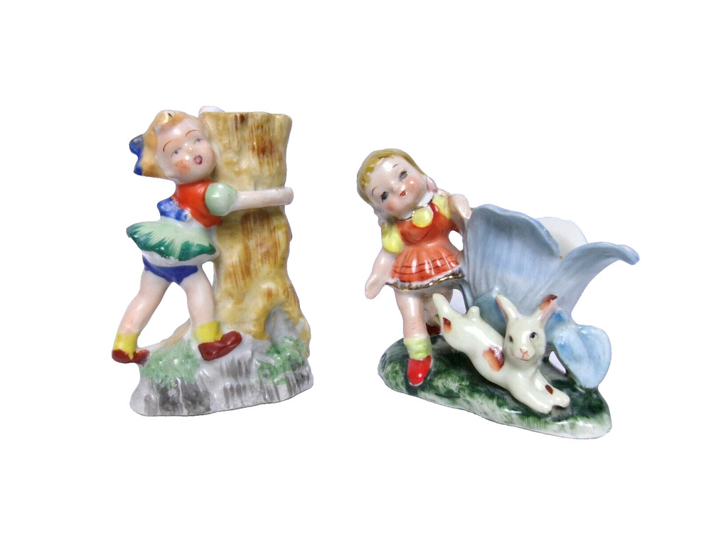 Lot/2 - Vintage Hand Painted Playful Girls Ceramic Figurine Spill Vases, JAPAN