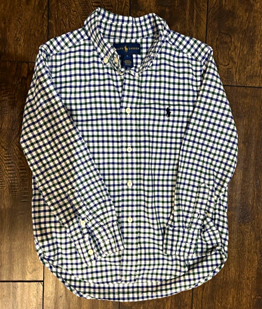 Ralph Lauren Boys Size 5 Blue Green White Plaid Long Sleeve Dress Shirt