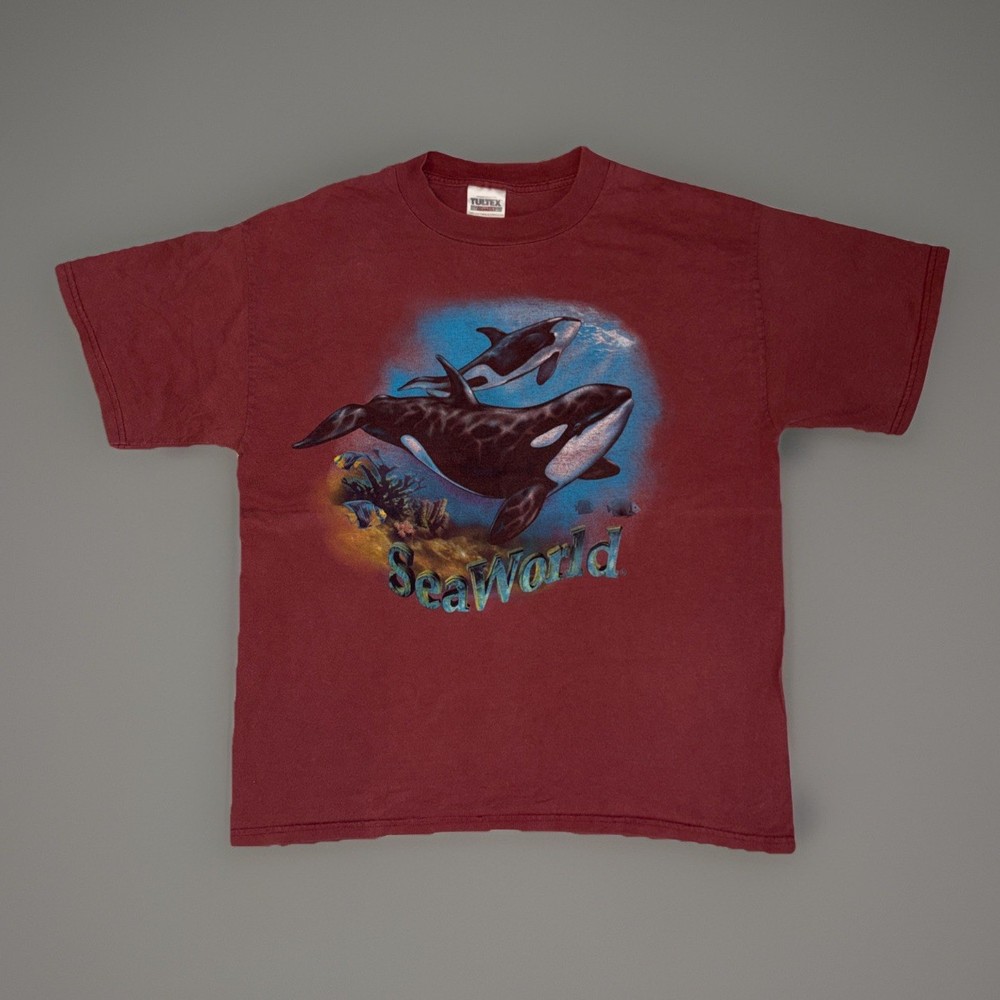 Vintage 90s SeaWorld Whales T Shirt Size Large VTG Tultex Orca Red