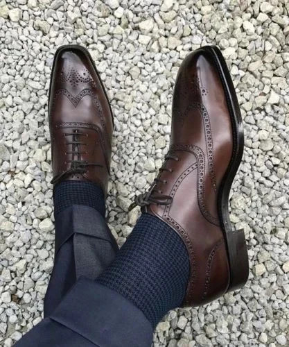 Handmade Brown Wingtip Genuine Leather Oxford Lace Dress Office Shoes For Men