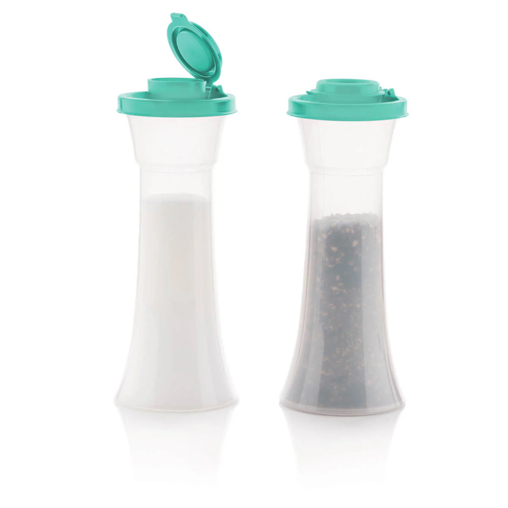 Tupperware Hourglass Salt & Pepper Shakers Clear w/ Teal Seals 6