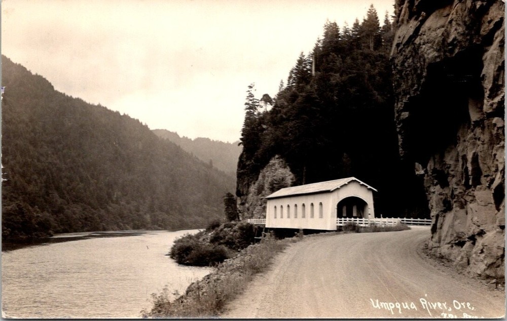 1930s Covered Bridge Over the Umpqua River Oregon Vintage Real Photo Postcard