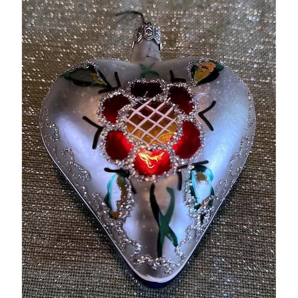 Polish Blown Glass Heart Christmas Ornament Red Floral Silver Glitter Painted