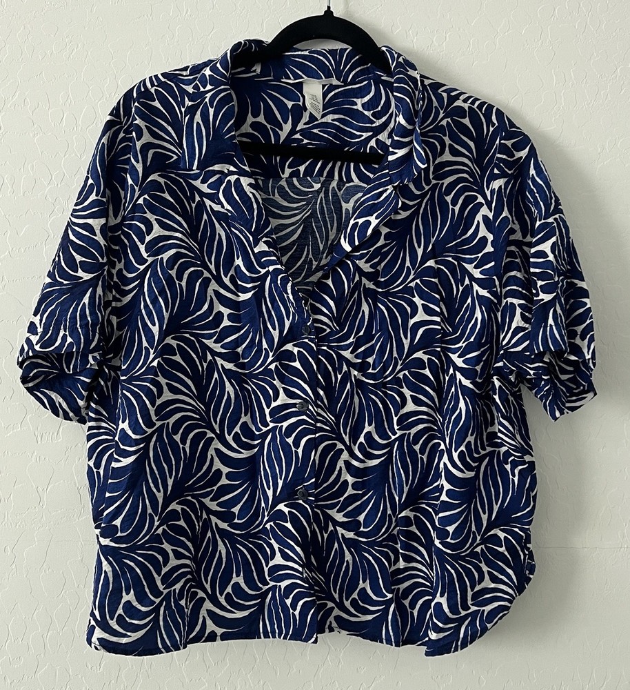 H&M Womens Resort Shirt XL Blue Tropical Leaf Print Coastal Vacation Top
