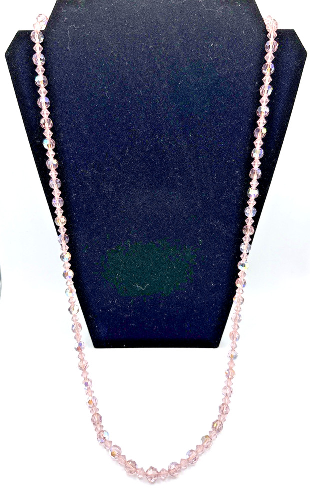 Vintage 30” Pink Aurora Borealis Faceted Crystal Bead Necklace Silver Clasp