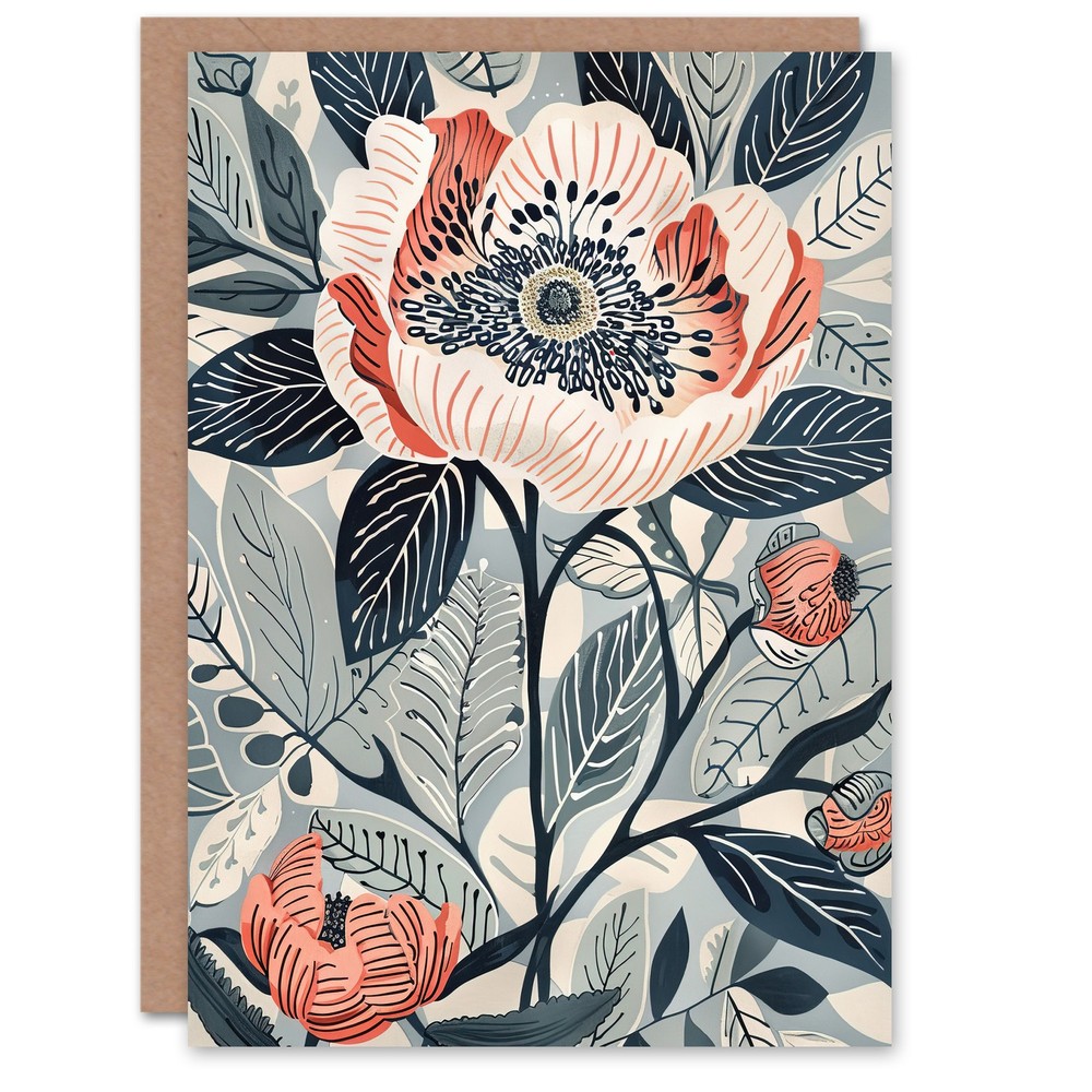 Greeting Card Blooming Peonies Blue Pink Floral Design Blank Birthday
