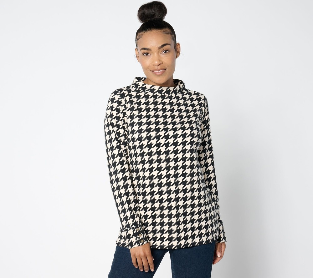 Susan Graver Women's Top Sz M Printed Microfleece Pullover Black A656474