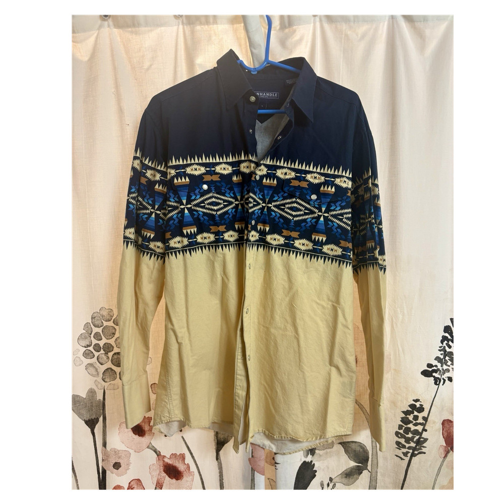Panhandle Men's L Western Geometric Long Sleeve Button-Up Shirt Navy Beige
